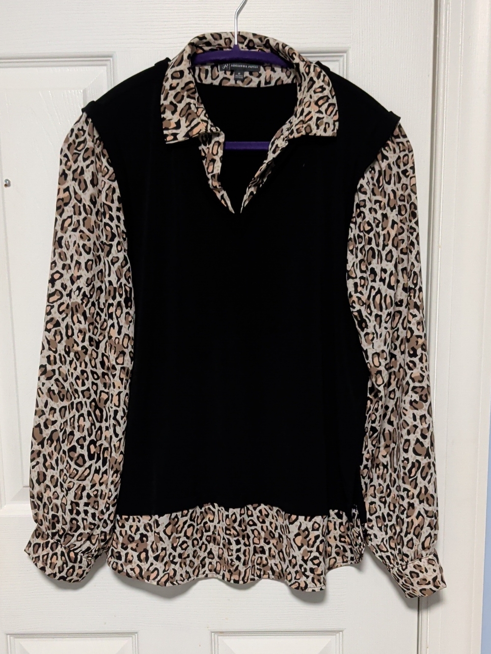 Adrianna Papell Black Top with Leopard-Print Collar & Sleeves